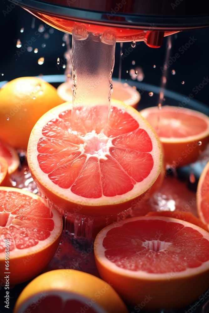 Poster fresh grapefruits being squeezed with a juicer. perfect for health and wellness concepts.