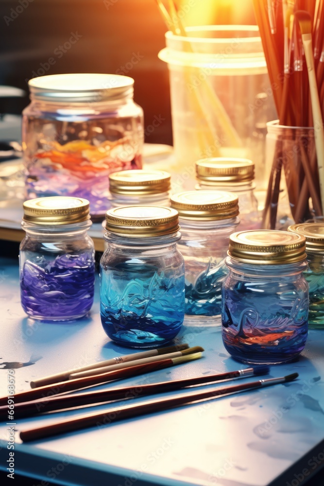 Poster A table displaying jars filled with various colors of liquid. This versatile image can be used for a variety of purposes.