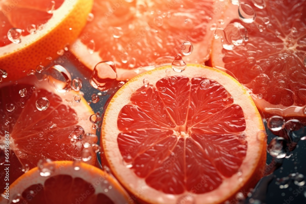 Poster A detailed view of a grapefruit sliced in half. This vibrant fruit is perfect for adding a pop of color to any food or beverage-related project.
