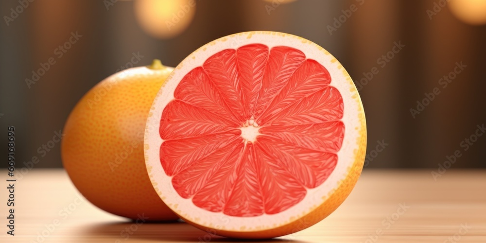 Poster A halved grapefruit sitting on a table. This image can be used to depict a healthy breakfast or as a refreshing summer concept.