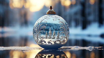 Christmas transparent bauble in the snow in winter natural background.