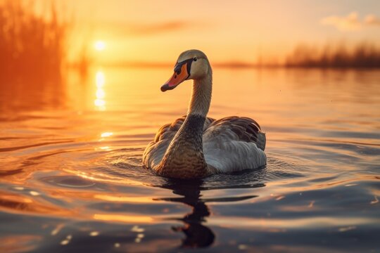 A beautiful picture of a duck swimming in the water at sunset. Perfect for nature and wildlife enthusiasts.