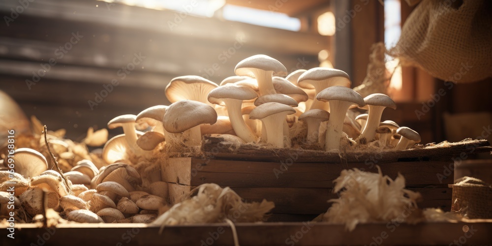 Aufkleber a pile of mushrooms sitting on top of a wooden crate. this image can be used for food-related projec