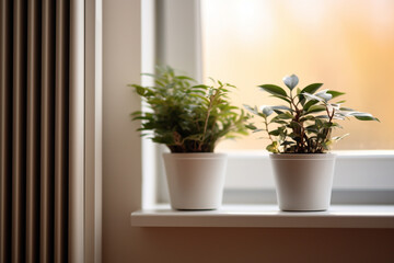 Beautiful houseplant on window sill and modern radiator at home, Central heating system