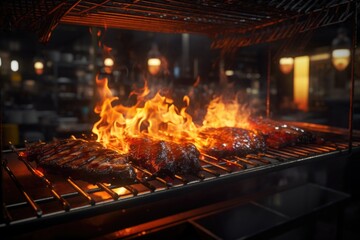 A picture of a bunch of meats cooking on a grill. This image can be used to showcase barbecue...