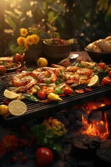 A picture of a grill topped with a variety of different types of food. This image can be used to depict a barbecue or outdoor cooking scene.