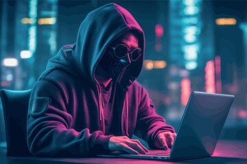 hacker working in a laptop hacker working in a laptop cyber hacker in hoodie with laptop and data on table at night.