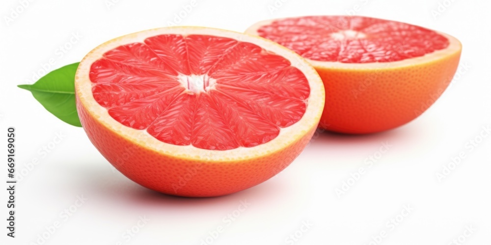Poster a pair of grapefruits cut in half, displayed on a clean white surface. perfect for food and nutritio