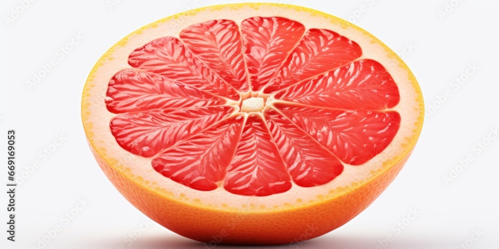 Poster A visually appealing image of a grapefruit that has been cut in half and placed on a clean white surface. Perfect for food-related projects and healthy eating concepts.