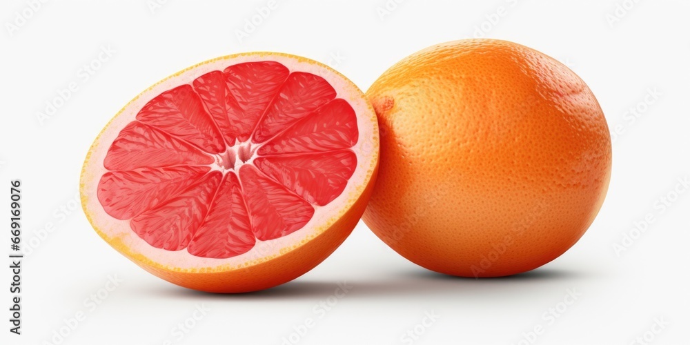 Poster a halved grapefruit placed on a white surface. this image can be used for food and nutrition-related