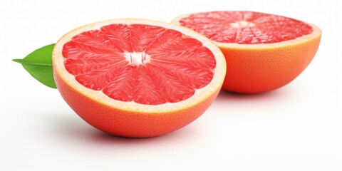 A pair of grapefruits cut in half, displayed on a clean white surface. Perfect for food and nutrition-related projects.