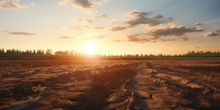 A picturesque sunset over a vast field of dirt. This image captures the beauty of nature as the sun sets in the background. Perfect for illustrating the tranquility and serenity of rural landscapes.