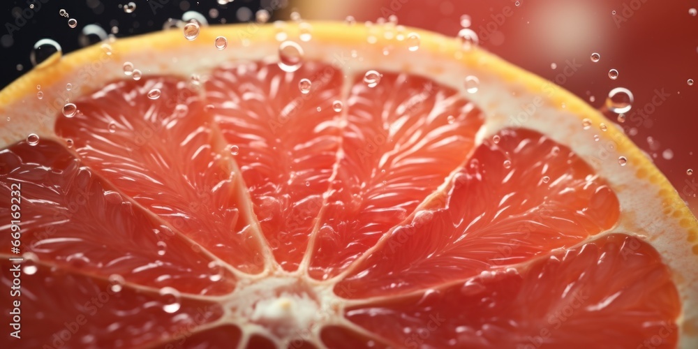 Poster A detailed view of a grapefruit that has been sliced in half. This image can be used to depict freshness, healthy eating, or as a vibrant background for food-related designs.