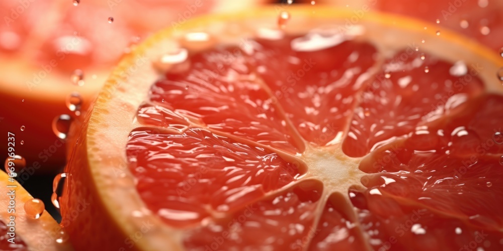 Poster A close-up view of a grapefruit that has been cut in half. This vibrant and refreshing image is perfect for food and beverage advertisements or articles about healthy eating.