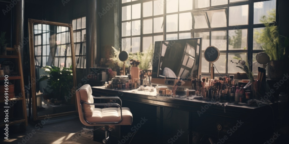 Poster a simple room featuring a desk and a chair. ideal for office or study-related concepts.