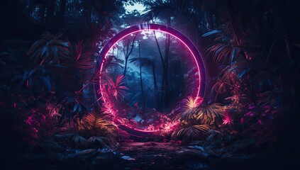 a glowing neon circle with jungle plants