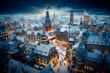 Snowy fairytale Christmas town, vintage illustration. - obrazy, fototapety, plakaty
