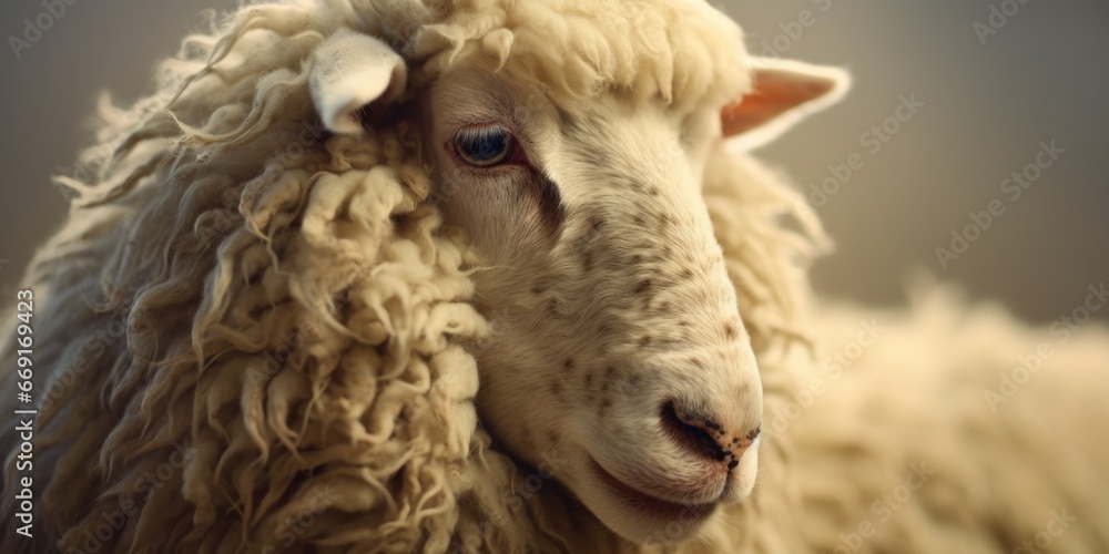Poster a close-up view of a sheep's face with a blurry background. this image can be used to depict farm an