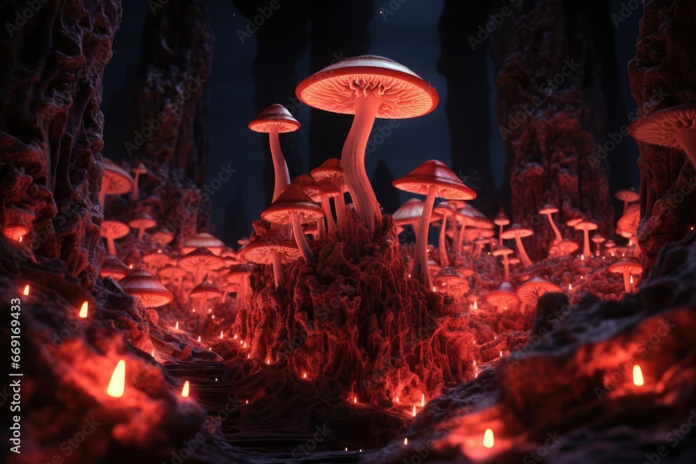 Poster A group of mushrooms glowing in the darkness. Perfect for adding a touch of magic and mystery to your projects.
