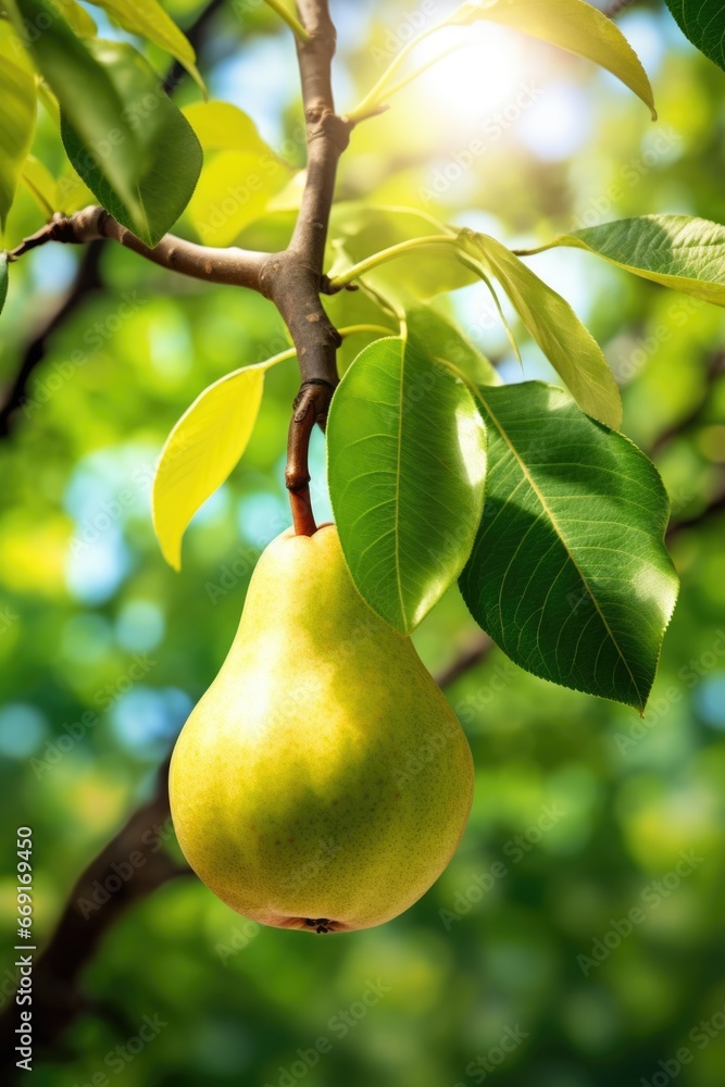 Poster a fresh, green pear hanging from a tree branch. this picture can be used in various food-related des