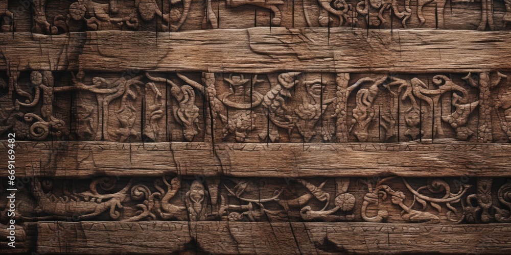 Poster A detailed close-up shot of a wooden wall with intricate carvings. This image can be used to add a rustic and artistic touch to any project or design.