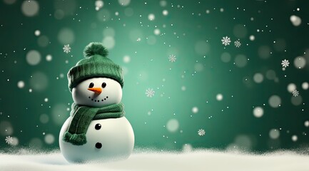 snowman waring green hat and a scarf on the snow on a green background - obrazy, fototapety, plakaty