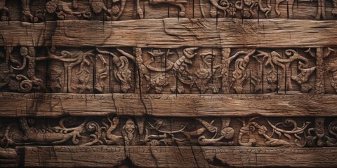 A detailed close-up shot of a wooden wall with intricate carvings. This image can be used to add a rustic and artistic touch to any project or design.