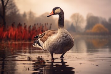 A picture of a goose standing in the water by the shore. This image can be used to depict wildlife, nature, or serene landscapes.