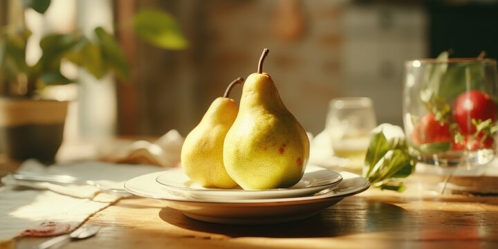 A simple yet elegant image of two pears sitting on a plate on a table. Perfect for food-related projects or still-life photography themes.
