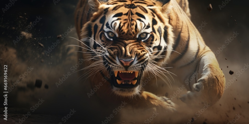 Aufkleber a powerful tiger running in the dirt with its mouth open. this image captures the raw energy and str