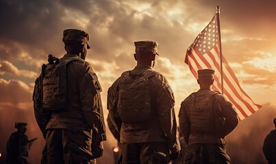 American soldiers standing with American flag while watching sunset