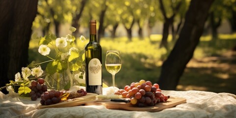 A bottle of wine and a bunch of grapes arranged on a table. This image can be used to depict wine...