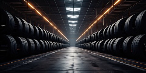 the car tire warehouse with rows of tires - obrazy, fototapety, plakaty