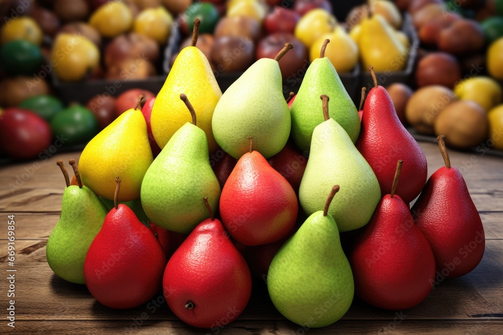 Poster a pile of pears sitting on top of a wooden table. suitable for food-related themes and rustic interi