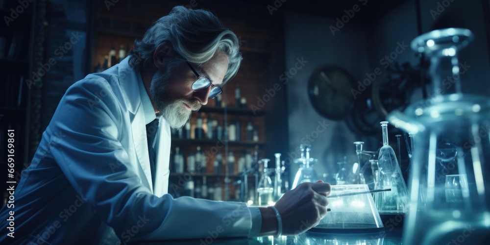 Poster A man in a lab coat is focused on examining something. This image can be used to depict scientific research, laboratory work, or professional analysis.