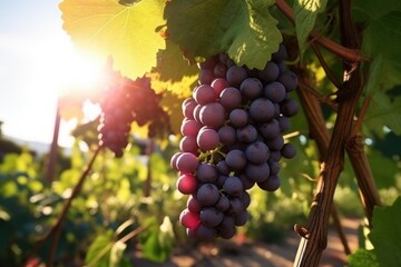 A bunch of grapes hanging from a vine. This image can be used to represent vineyards, wine production, or the concept of abundance and harvest.