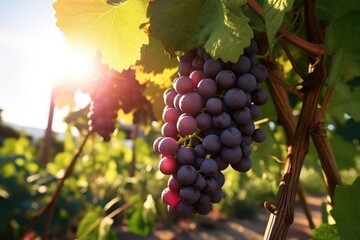 Fototapeta premium A bunch of grapes hanging from a vine. This image can be used to represent vineyards, wine production, or the concept of abundance and harvest.