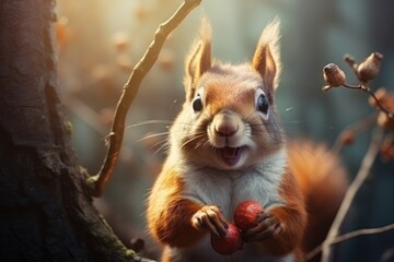 A squirrel holding an apple in its paws. This image can be used to depict wildlife, nature, or the concept of food and nutrition