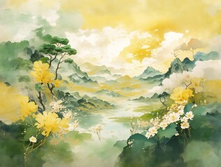 Obraz na płótnie Canvas landscape with flowers and clouds