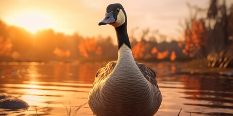 A beautiful image of a duck standing peacefully in the water at sunset. Perfect for nature enthusiasts and wildlife lovers.