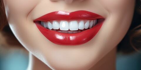 Obraz premium Close up of a woman's mouth with vibrant red lipstick. Perfect for beauty and cosmetics advertisements or editorial pieces on makeup trends