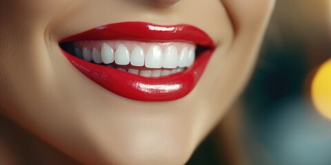 A close-up shot showcasing a woman's mouth with vibrant red lipstick. Perfect for beauty and makeup concepts
