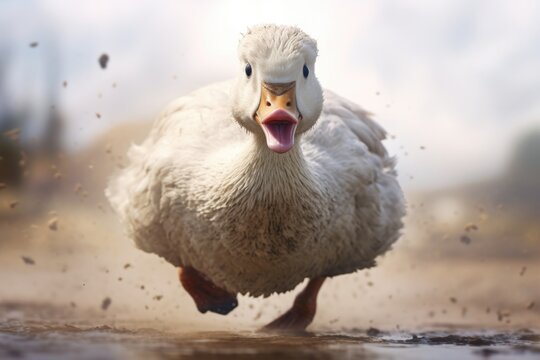 A duck running through a puddle of water. This image can be used to depict the playful nature of animals in their natural habitat