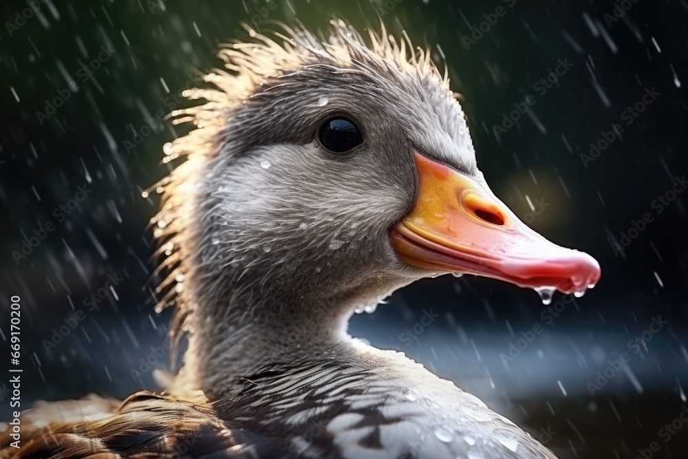 Poster a close-up photograph of a duck captured in the rain. this image can be used to depict the beauty of