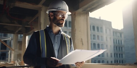 A man wearing a hard hat is pictured holding a piece of paper. This image can be used to illustrate construction plans, safety procedures, or project documentation - obrazy, fototapety, plakaty