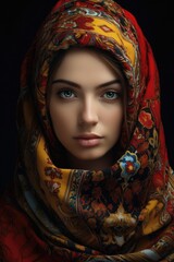 A woman wearing a scarf on her head. This versatile image can be used to portray different concepts such as fashion, style, elegance, winter, cold weather, and protection