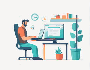 Fototapeta na wymiar man working in office man working in office flat style illustration of man sitting at desk with laptop and working at home, working from home
