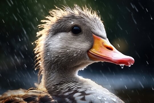 A close-up photograph of a duck captured in the rain. This image can be used to depict the beauty of nature and the resilience of wildlife in adverse weather conditions