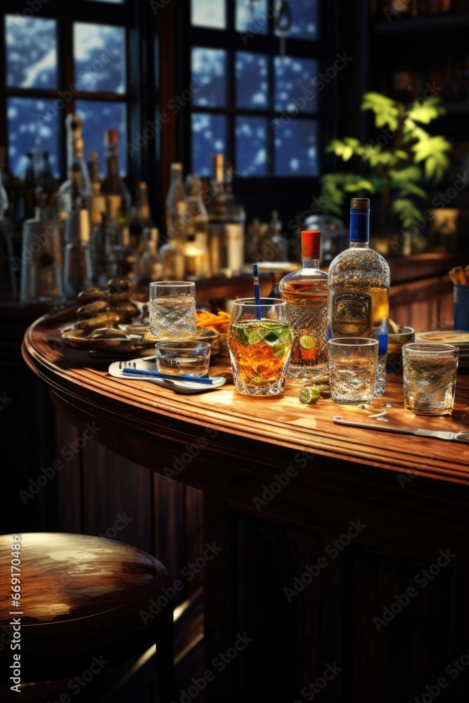 Poster A picture of a bar with a variety of bottles and glasses on the counter. This image can be used to depict a busy bar scene or for illustrating the concept of a well-stocked bar