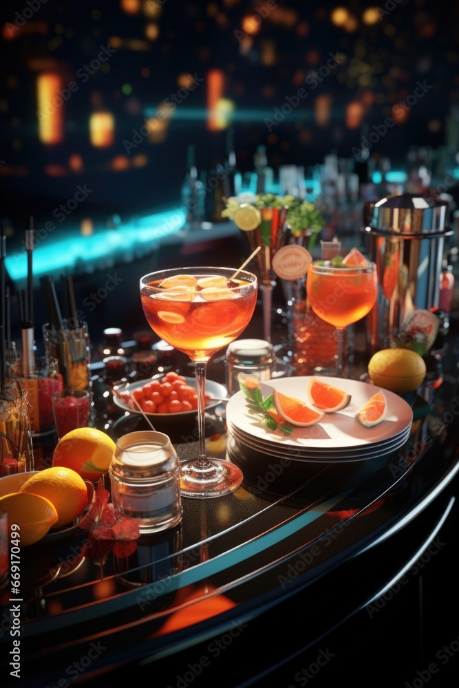 Poster a picture of a table with an assortment of plates filled with delicious food and glasses of refreshi